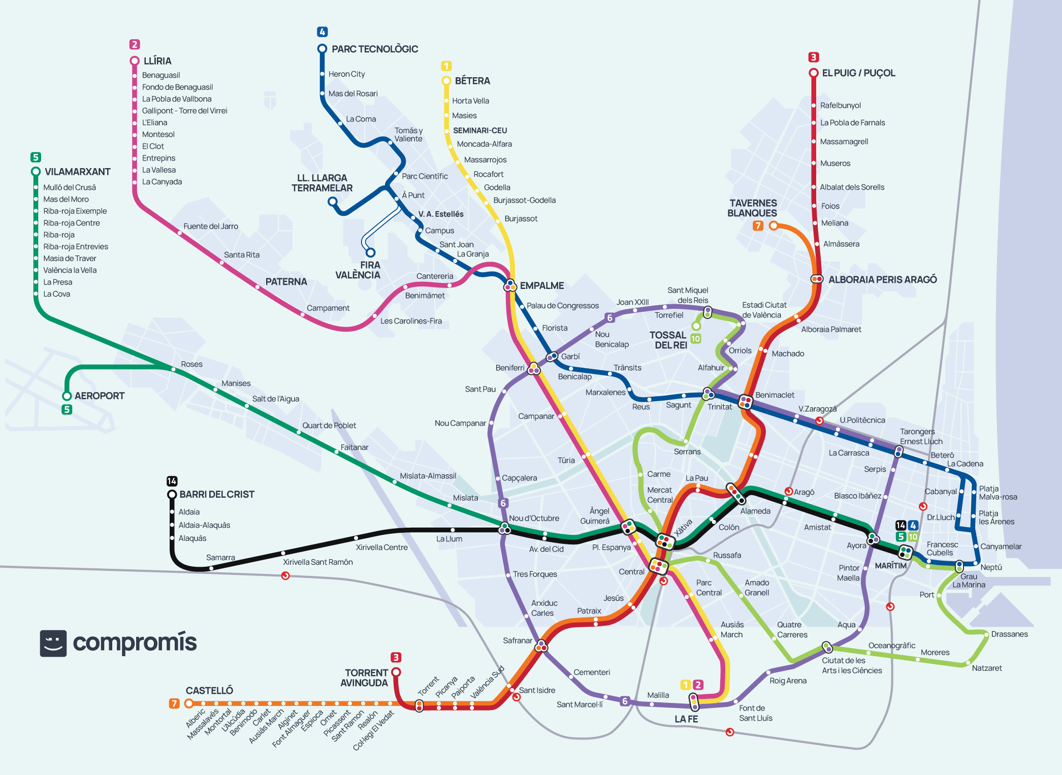 Mapa de proposta de nova xarxa de metrovalència, amb noves línies fins a Xirivella, Vilamarxant, entres altres.